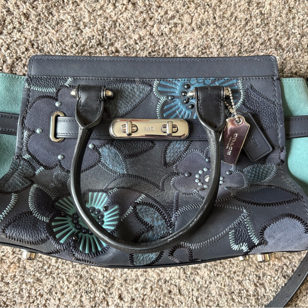 Coach Black and Teal Floral Shoulder Bag